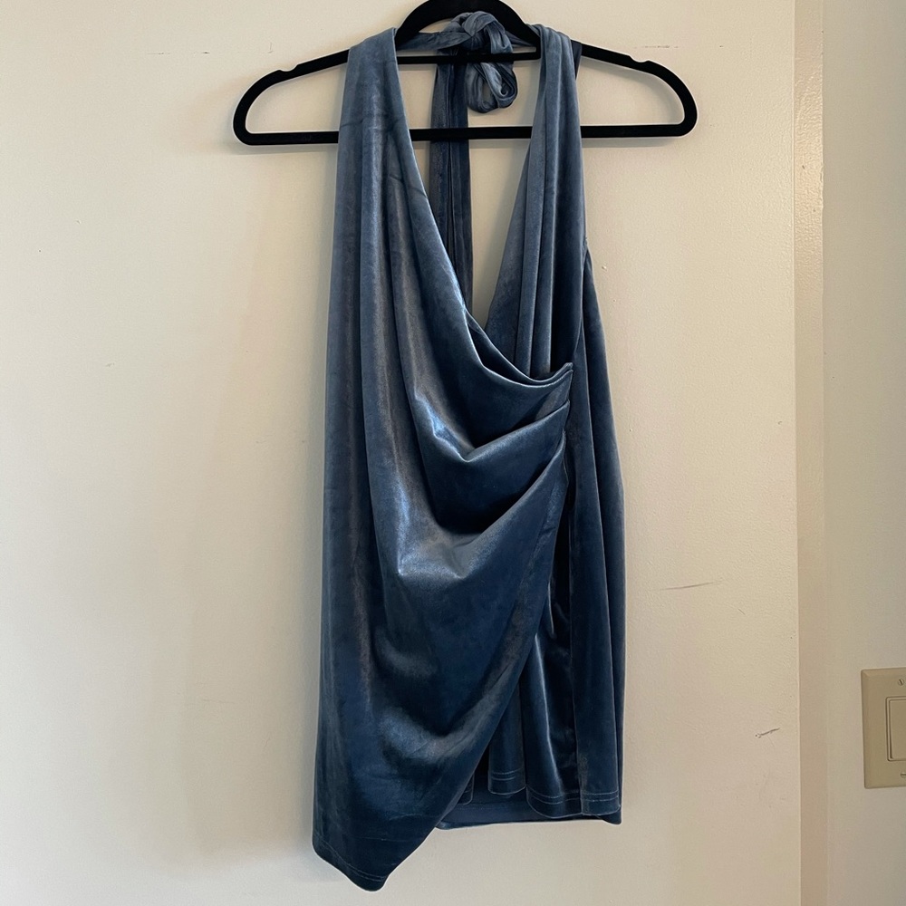 Velvet shimmery blue faux wrap halter dress M